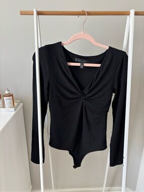WHBM Black Long-Sleeve Twist V-Neck Bodysuit